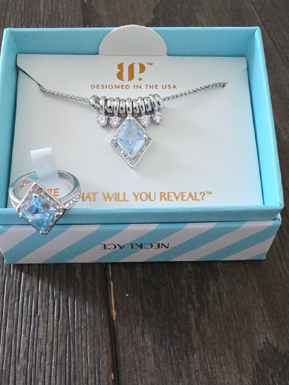 BP Silver Blue Stone MARCH Necklace & Ring Set